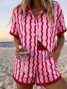 Vaclyn Women's Wavy Striped Short Sleeve Single-Breasted Top And Elastic Waist Shorts Set - Red - View 5