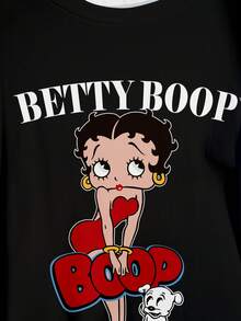 Betty Boop x SHEIN Plus Size Summer Casual Western Cartoon Print T-Shirt Wedding Black - White - View 4