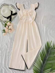SHEIN Teen Girls One-Piece Jumpsuit, Woven Faux Linen Spring/Summer Casual Fashion Versatile Sweet Ruffle Flutter Sleeve Jumpsuit, Square Neck Backless Bow Design, Contrast Shell Craft Wide Leg Long Pants, Elegant Sweet Style, Suitable For Daily Casual And Vacation Wear In Spring/Summer - Apricot - View 2
