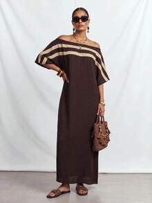 Zivah Summer New Music Festival, Easter, Business Casual, Color Block Striped Off-Shoulder Batwing Sleeve Dress - Dark Brown - View 1