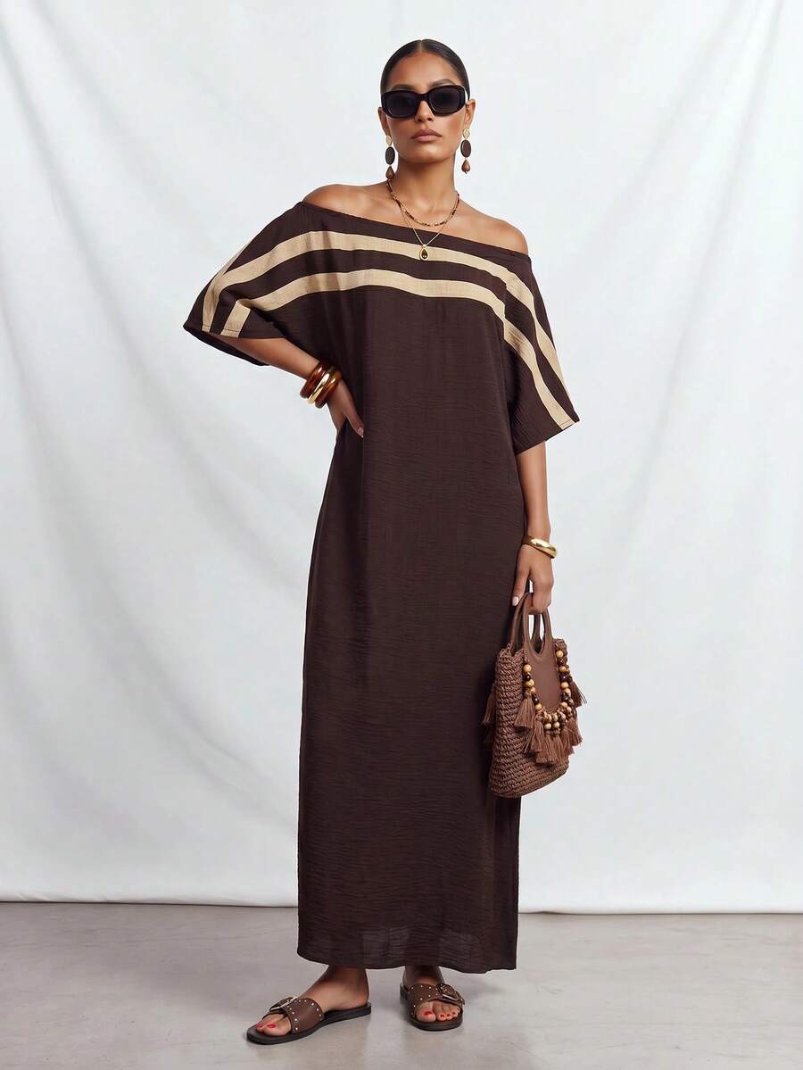Zivah Summer New Music Festival, Easter, Business Casual, Color Block Striped Off-Shoulder Batwing Sleeve Dress - Dark Brown - View 1