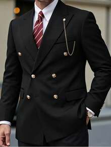 Manfinity Bizformal 男士黑色鏈條裝飾紳士商務婚禮西裝外套，正式，儀式 - 黑色 - 查看 7