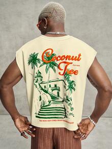 PAVTROS Men's Summer Vacation Coconut Tree & Letter Pattern Round Neck Tank Top, Holiday - Yellow - View 5