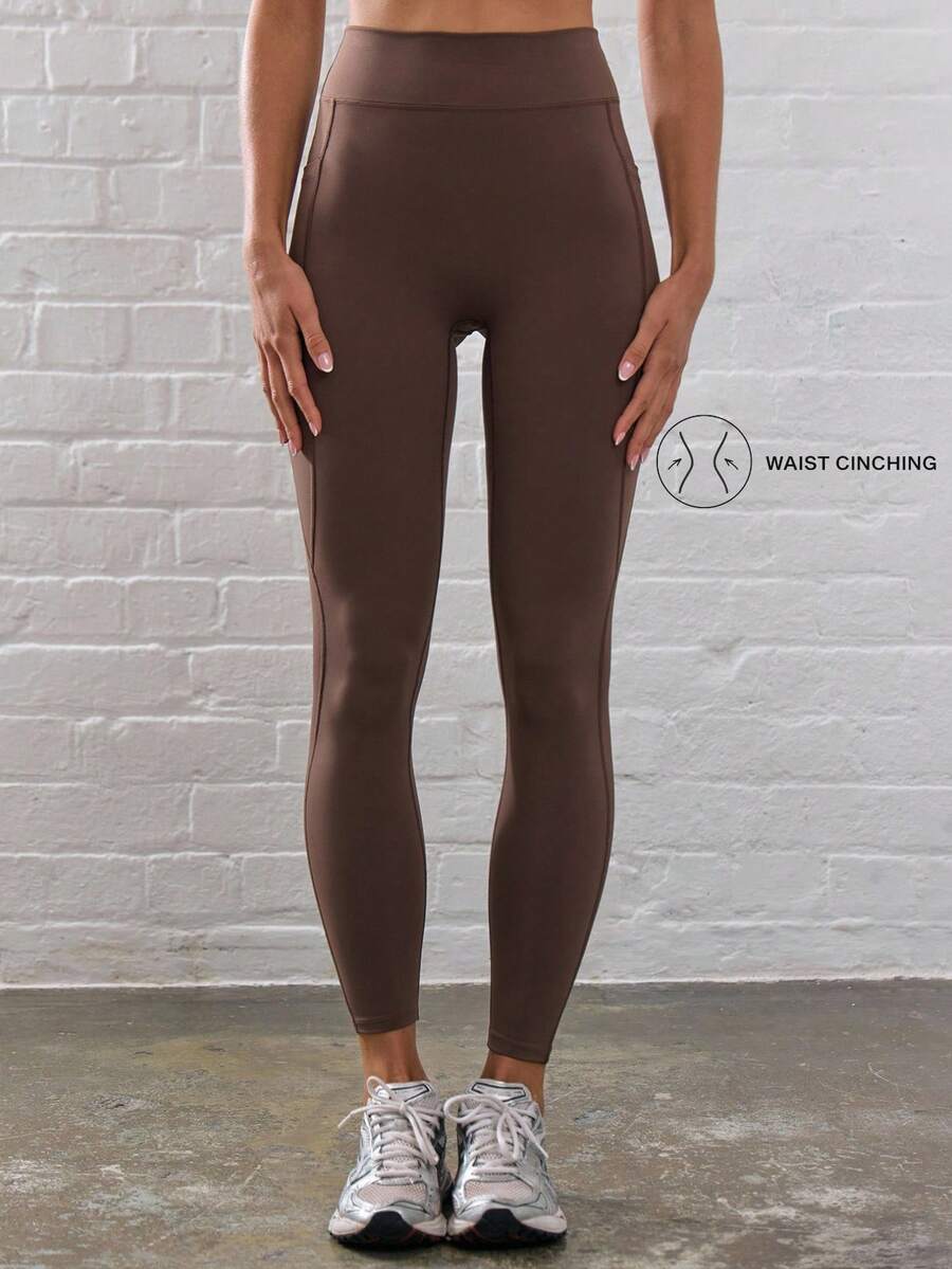 Musera Sport 腰部縫線細節修身運動緊身褲 健身跑步健身房日常健身瑜珈皮拉提斯休閒款 - 巧克力棕 - 查看 1