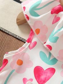 SHEIN Elladie kids 2件組少女夏季新款活力風愛心與花朵印花無袖荷葉領上衣搭配玫瑰粉休閒長褲套裝，適合日常出遊、公園、度假、海灘、派對、開學，春夏季適用 - 玫紅色 - 查看 10