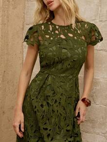 SHEIN Women's Knitted Summer Dress, Intricate Embroidered Lace Hollow-Out Round Neck Cap Sleeve A-Line High Waist Slimming Elegant Dress, Suitable For Evening Party, Date, Vacation - Green - View 7