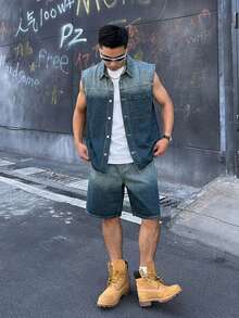 DAZY Men's Gradient Wash Distressed Single-Breasted Vest Jacket And Pocket Shorts Denim Set Fall - Blue - View 3