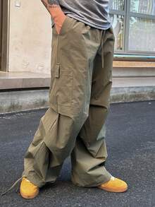 DAZY 男士長版橄欖綠工裝褲，附摺疊口袋 - 軍綠色 - 查看 5