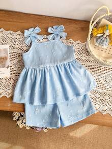 SHEIN 2件組女嬰幼兒/新生兒 0-3歲 春夏休閒可愛花卉提花蝴蝶結裝飾吊帶上衣+短褲套裝 - 藍色 - 查看 10