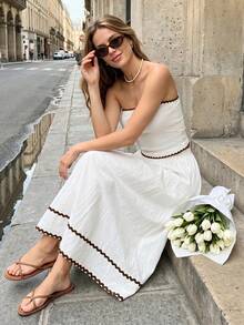 Cévolie 2pcs Women's Elegant Patchwork Contrast Color Bandeau Top And Skirt Set - Beige - View 6