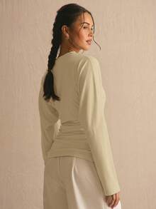 MUSERA Cinched Ruched Waist Batwing Long Sleeve Top Spring Summer Cute Cosy Cottage Core Spring Dew Spring Outfit Office - Khaki - View 4
