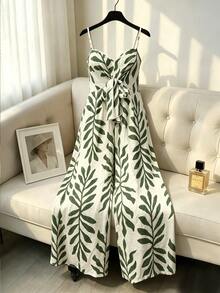 EMERY ROSE Plus Size Green Leaf Print Jumpsuit,Beige Summer Boho Beach Holiday,Spaghetti Strap High Waist Wide Leg Pants,Ivory Base,Lightweight & Flowing - White - View 4