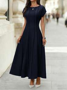 Editum Women's Elegant Cinched Waist Short Sleeve Blue Long Dress, Suitable For Daily Wear And Commuting In Early Spring - Navy Blue - View 7