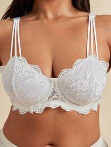 SHEIN BAE CURVE Plus Floral Lace Scallop Trim Underwire Bra Lingerie, Lift - White - View 8