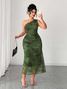 Elenzga Plus Size Mesh Printed One Shoulder Dress - Army Green - View 1