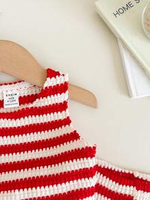 SHEIN LMoss Kids Baby Girl Casual Summer Cute Striped Tank Top And Elastic Waist Shorts Set - Red and White - View 7