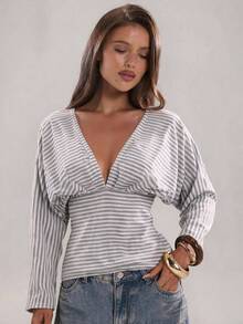 SHEIN BAE Women's Deep V-Neck Striped Ruched Fitted Versatile Casual Top - Grey - View 7