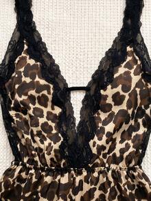 Spicy Aura Leopard Print Cami Lace Patchwork Backless Romper Lingerie - Multicolor - View 4