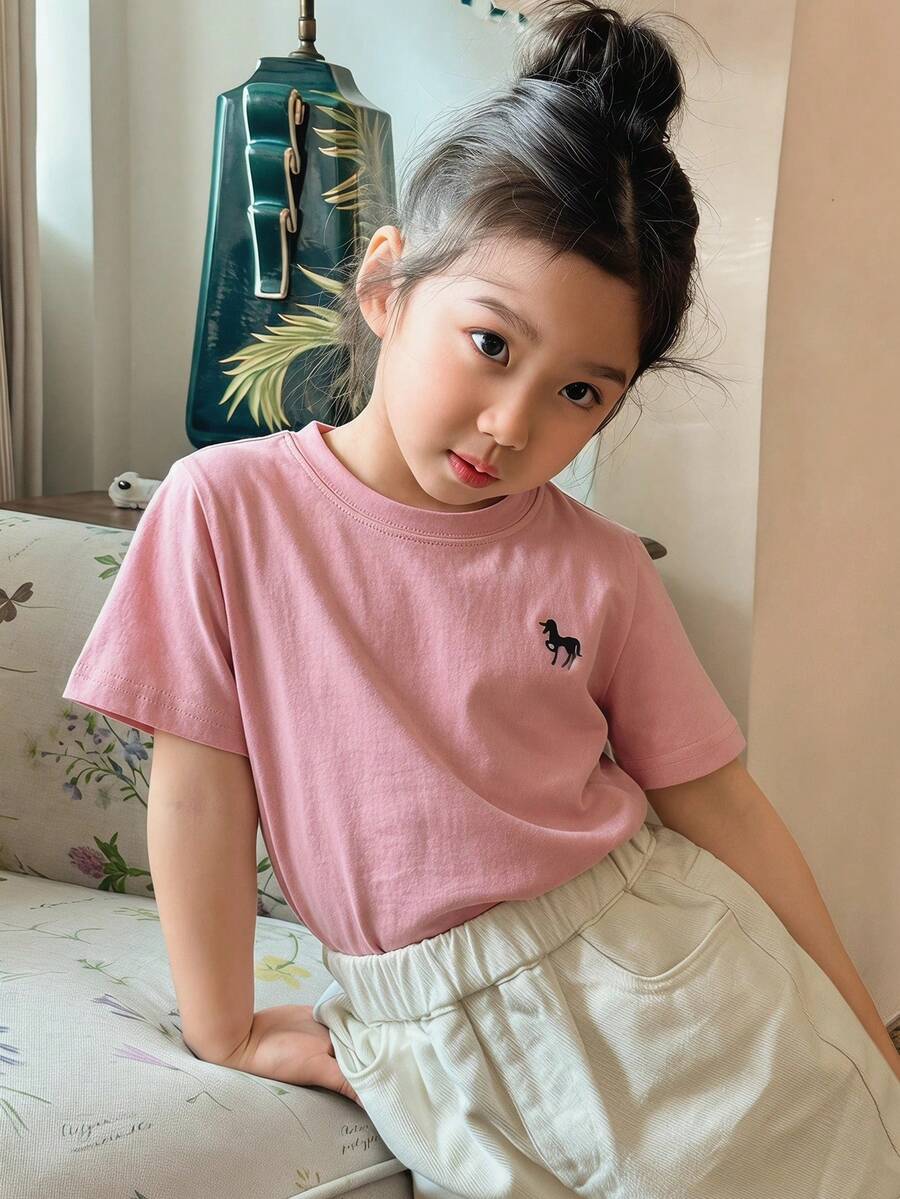 Dazy Kids 女孩獨角獸圖案圓領短袖休閒襯衫 夏季 - 粉色 - 查看 1