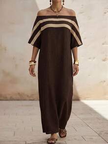 Zivah Summer New Music Festival, Easter, Business Casual, Color Block Striped Off-Shoulder Batwing Sleeve Dress - Dark Brown - View 7