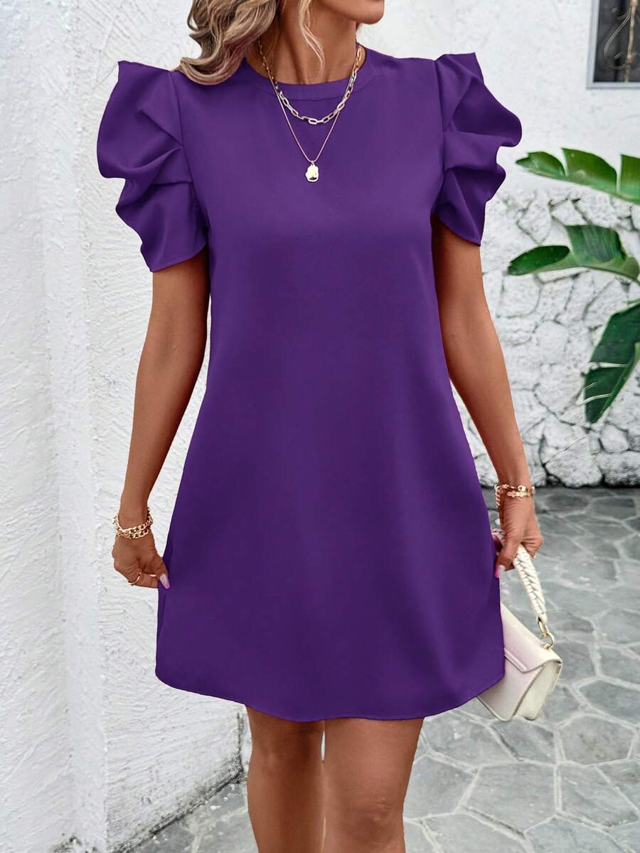 SHEIN Clasi Women's Solid Color Round Neck Short Puff Sleeve Casual Short Dress - Purple - View 1