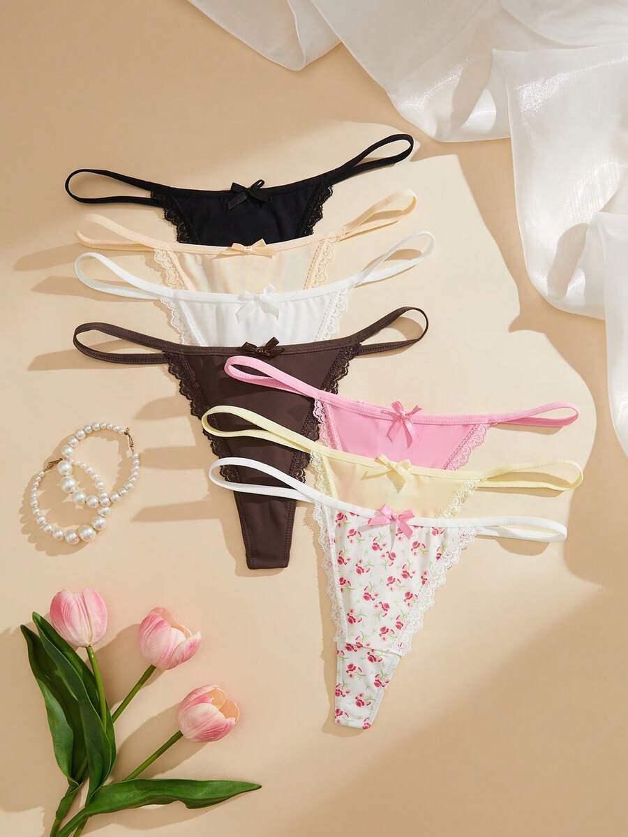 SHEIN 7件組女款蕾絲拼接丁字褲 - 彩色 - 查看 1
