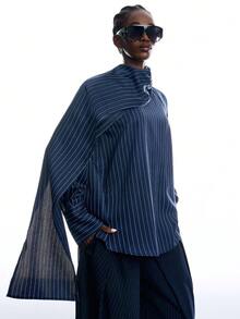 LYSMO 2026 New Arrive Minimalism Spring/Summer Women's Fashionable Commuter Striped Ribbon Shirt - Navy Blue - View 3
