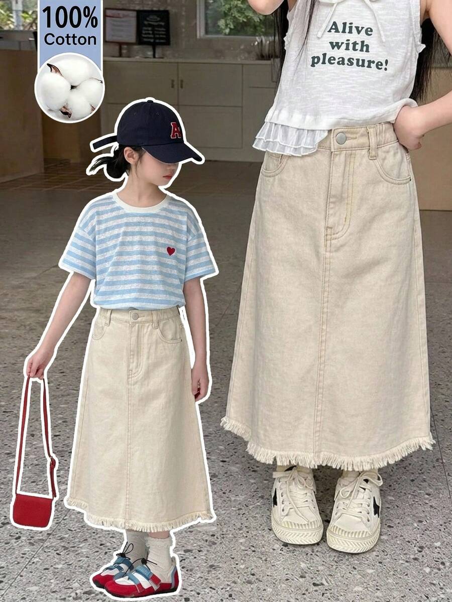 SHEIN Little Byeori 女童新款時尚休閒軟綿優雅棉質口袋鈕扣百搭日常穿著白色牛仔長裙,適合女童春/夏日常穿著、街頭風、節慶、派對、海灘、生日、鄉村風、畢業、休閒、優雅、暑假 - 米色 - 查看 1