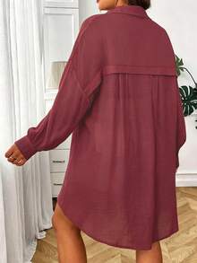 INAWLY Plus Size Women Fashion Casual Solid Color Button Down Long Sleeve Shirt Fall - Burgundy - View 2