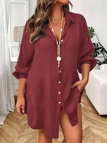 INAWLY Plus Size Women Fashion Casual Solid Color Button Down Long Sleeve Shirt Fall - Burgundy - View 4