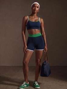 Zivah Women's Piped Cropped Camisole Tank Top And Shorts Sports Set - Navy Blue - View 5