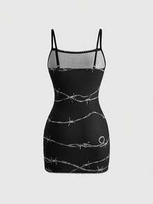ROMWE Women's Mini Dress Thorn Pattern Goth Fitted Bodycon Dress Spring Summer Ultra Skirt Hot Girl Sexy - Black - View 2