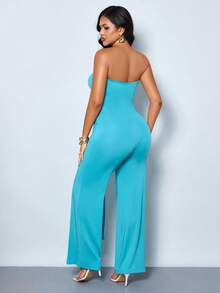 SOLERSUN Mono de verano 2026 para mujer, sexy, de color azul océano con recortes y fruncidos, de alta elasticidad. Elegante mono de una pieza con herrajes en forma de concha, sin tirantes, espalda descubierta, pantalones anchos de pierna larga. Mono de una pieza con recorte en forma de concha, sin tirantes, de Body ceñido y piernas anchas. Atuendo para fiesta en la playa, club, estética Y2K - Azul - Ver 3