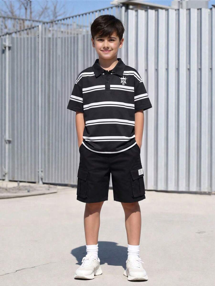SHEIN Tween Boys Spring/Summer Short Sleeve Polo Shirt And Long Pants 2-Piece Set, Fashion Knit Striped Animal Print, Casual Comfortable Large Pocket Pants, Outdoor Versatile Outfit - Black - View 1
