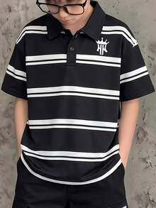 SHEIN Tween Boys Spring/Summer Short Sleeve Polo Shirt And Long Pants 2-Piece Set, Fashion Knit Striped Animal Print, Casual Comfortable Large Pocket Pants, Outdoor Versatile Outfit - Black - View 4