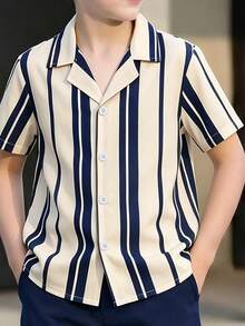 Vacaura 男童條紋POLO領短袖上衣與短褲2件套，春夏休閒度假套裝，清新直條紋印花搭配同色系素色短褲，適合日常穿著與週末出遊 - 彩色 - 查看 4