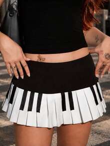 Vivi Wanderley Women's Y2K Micro Mini Skirt, Ultra Low Waist Vintage Pleated Piano Keyboard Print Dress - Black and White - View 5