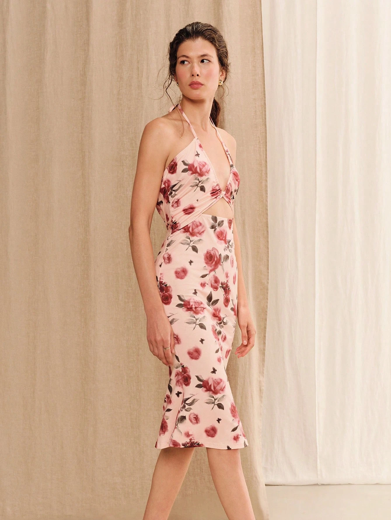 Fitted Floral Jersey Midi Dress With Ruched Cups Chic Summer Holiday Casual Resort