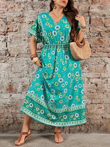 EMERY ROSE Plus Size Summer Vacation Floral Print Waist-Defining V-Neck Dress Beach Green Casual - Green - View 7