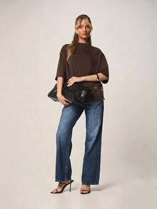 MISSGUIDED Kaos Longgar Berbentuk Kotak dengan Hiasan Renda di Bagian Bawah, Potongan Kasual Santai, Atasan Lengan Pendek, Mode Musim Semi dan Musim Panas - Chocolate Brown - View 3