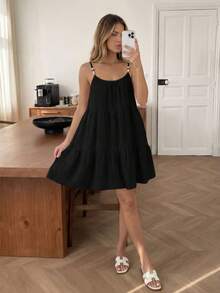 Easowa Layered Ruffle Hem A-Line Umbrella Dress, Spaghetti Strap Casual Ruched Chiffon Fabric Dress, Elegant Commuter & Holiday Style For Women, Spring/Summer - Black - View 1
