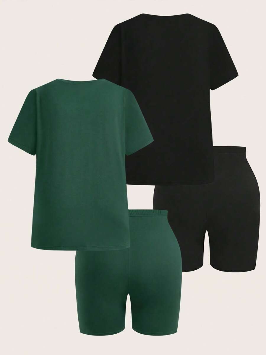 SHEIN EZwear 2 Pack Plus Size Solid Color Set - 2 Short Sleeve Tops + 2 Knee Length Shorts Gym Emerald Green Black Summer Casual - Dark Green - View 1