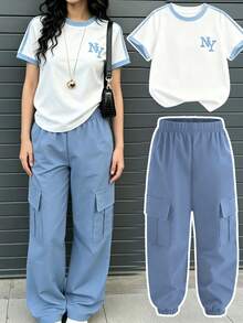 青少年女孩 2件/套休閒時尚春/夏女款短袖T恤工裝褲套裝，簡單字母NY圖案設計，短袖圓領T恤設計搭配工裝褲，舒適短袖圓領T恤內搭褲，適合春/夏輕鬆舒適，時尚休閒穿搭，街頭風，外出休閒穿搭返校派對，適合戶外野餐，街頭攝影，校園，假期，禮品使用 - 彩色 - 查看 1
