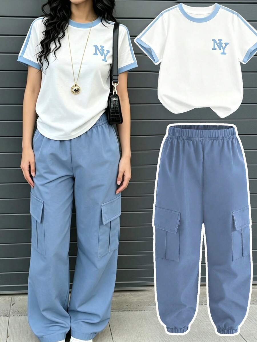 青少年女孩 2件/套休閒時尚春/夏女款短袖T恤工裝褲套裝,簡單字母NY圖案設計,短袖圓領T恤設計搭配工裝褲,舒適短袖圓領T恤內搭褲,適合春/夏輕鬆舒適,時尚休閒穿搭,街頭風,外出休閒穿搭返校派對,適合戶外野餐,街頭攝影,校園,假期,禮品使用 - 彩色 - 查看 1