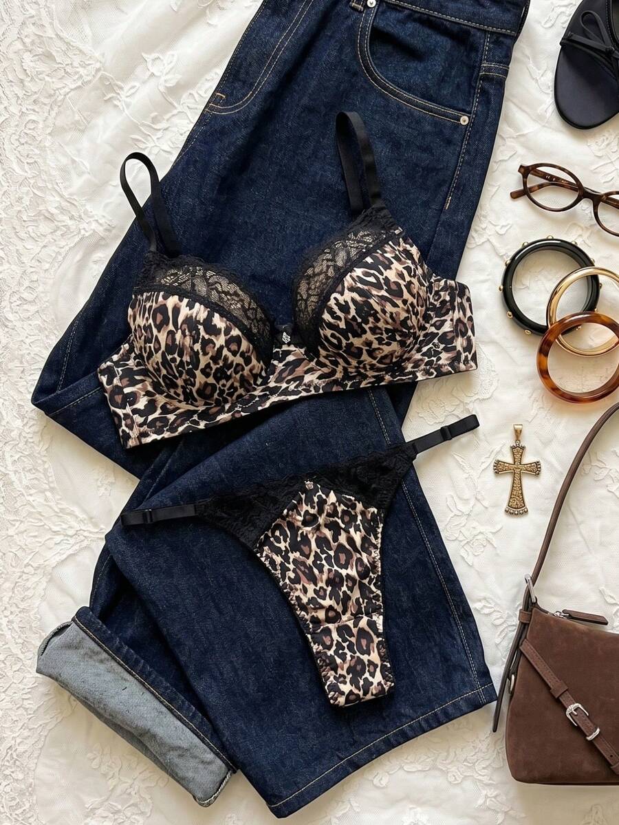SHEIN 2pcs Women's Leopard Print Lace Patchwork Underwire Padded Push Up Bra Set ClassicAnimalPrint - Multicolor - View 1
