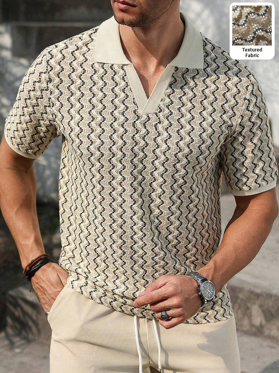 VENTUSAIL 男士大尺碼波浪條紋短袖 Polo 衫,街頭休閒,夏季 - 杏色 - 查看 1