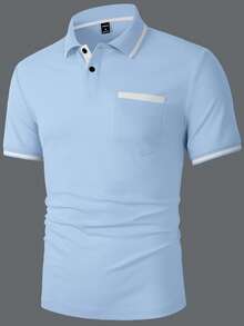 Manfinity Homme Men's Commuter Button Pocket Contrast Color Short Sleeve Polo Shirt, Formal - Blue - View 5