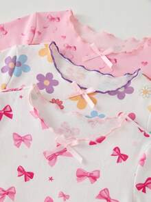 Baby Girl Cute Cartoon Strawberry & Rabbit Pattern Ribbon Bow Decor Ruffle Round Neck Short Sleeve Knit Nightgown 3pcs Set - Multicolor - View 3