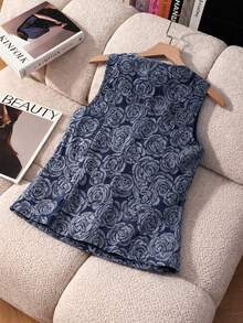 GlowEve Women's Elegant Floral Print Sleeveless Denim Vest, Suitable For Daily, Workplace And Commuting - Blue - View 2