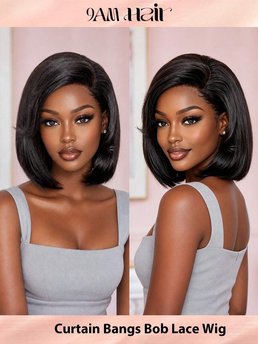 Wear & Go Straight Lace Bob Wig With Curtain Bangs 10 Inch Short Straight Bob Wig With 3.5 Inch Side Lace Part Glueless Bob Wig With French Bangs Natural Black Color - Natural Black - View 1